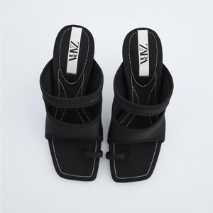 Zara Black Strappy Square-Toe Heeled Sandals